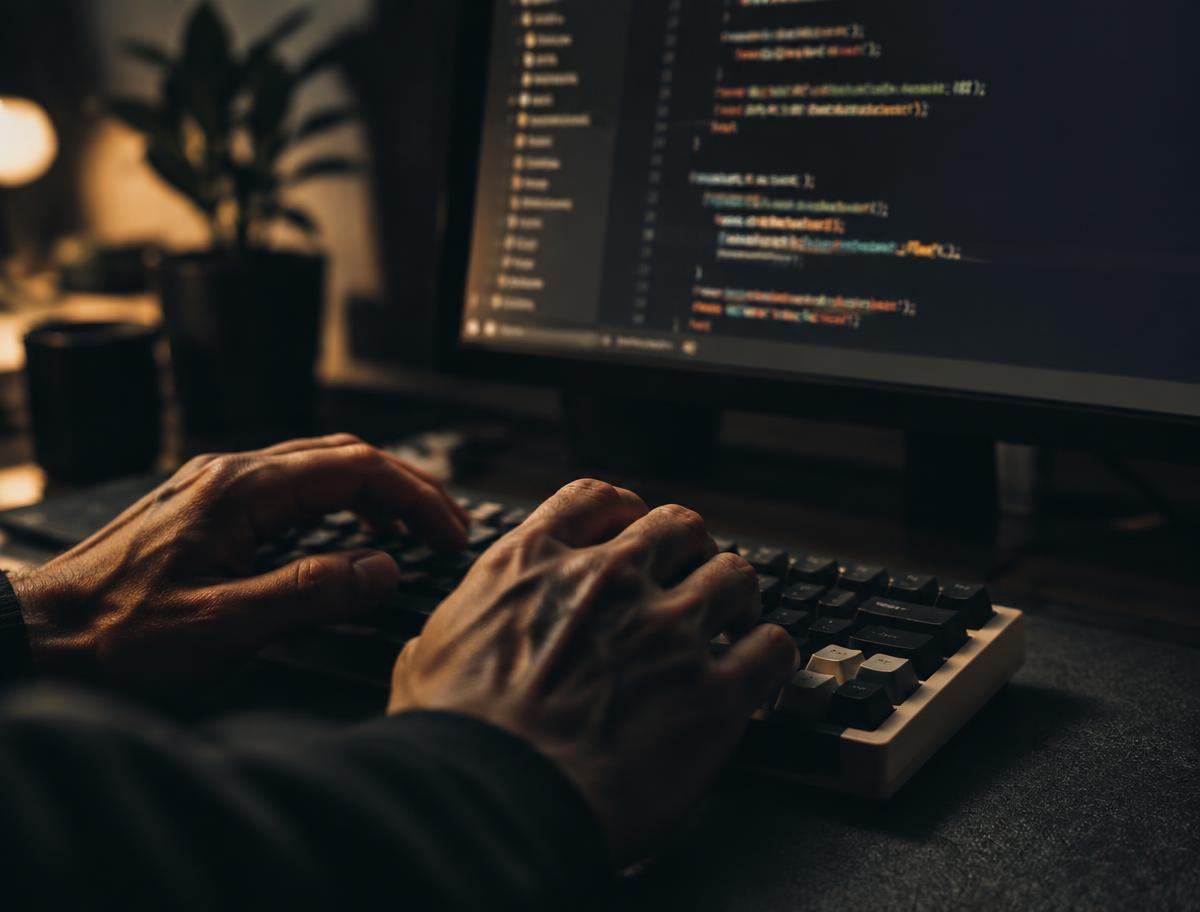 Hands typing on a keyboard in front of a code editor