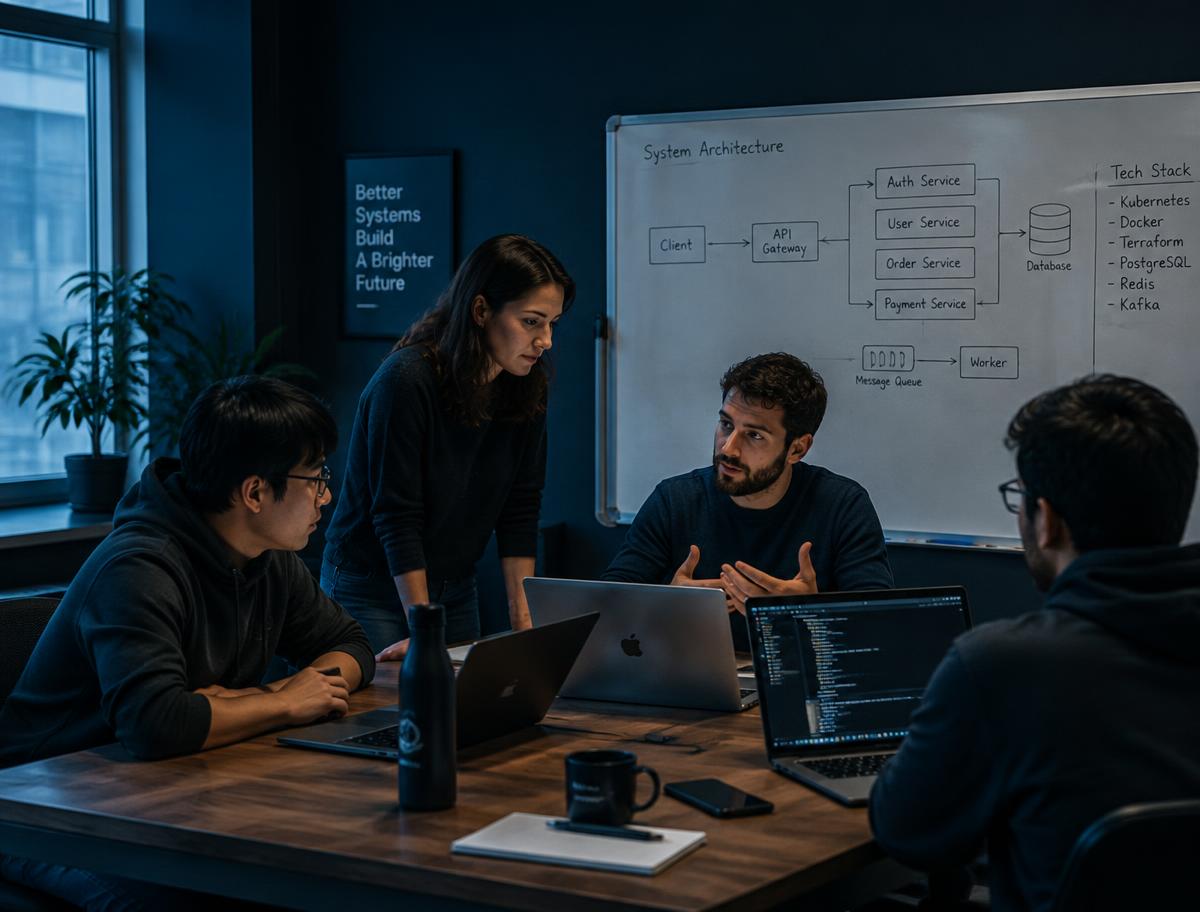 Engineers discussing a system architecture diagram on a whiteboard around a table with laptops